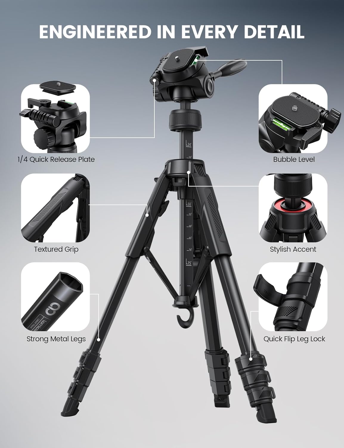 Lamicall Camera Tripod - 17.6LBS Max Load Tripod for Camera with Rapid Leg Deployment Phone Tripods for Video Recording Photo Vlog, 67" Camera Stand with Phone Holder & Carry Bag for DSLR iPhone GoPro