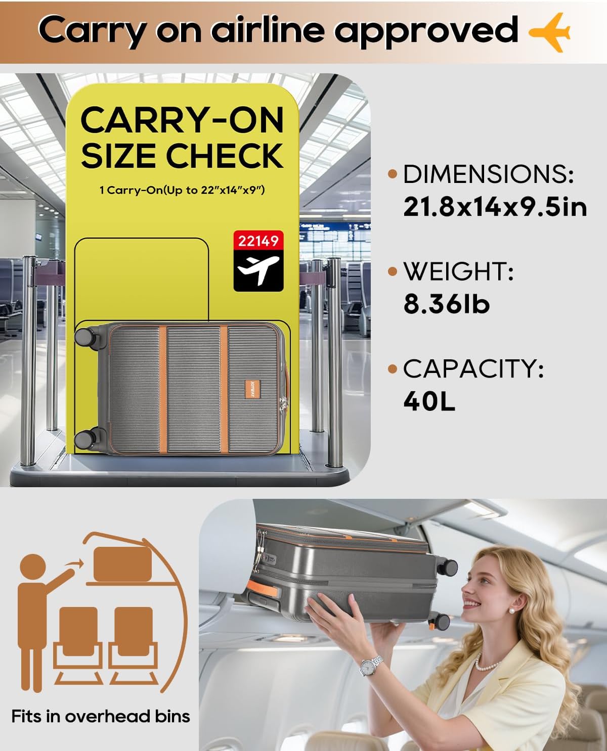Joyway Carry on Luggage Airline Approved with Front Pocket, Hard Shell 20 Inch Travel Luggages with Cup Holder, Carry-on Suitcase with Spinner Wheels for Men and Women (Grey, 20 Inch)