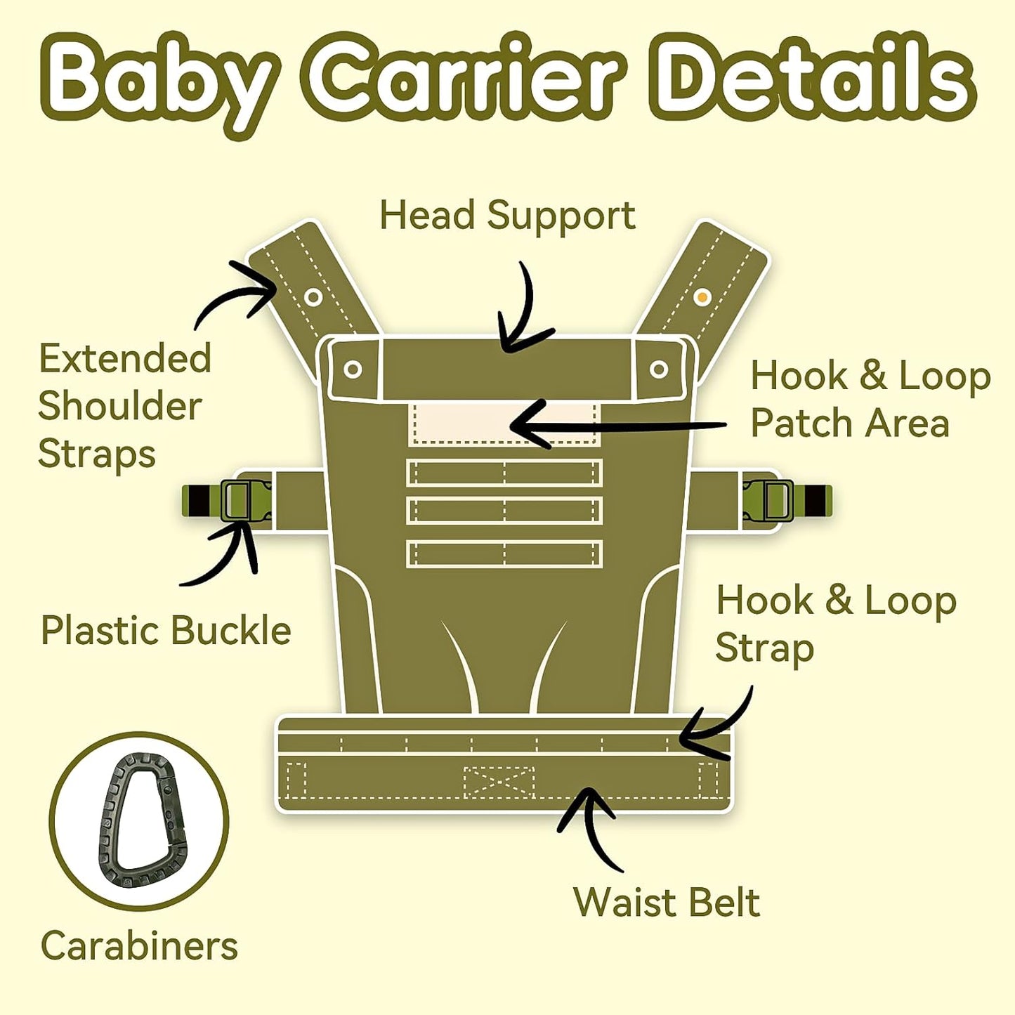 Baby Carrier, Lumbar Support Infant Carrier (0-36M, 8-33 lbs) with Foldable Headrest Carabiners for Big and Tall Parents, Men, Women (Green)