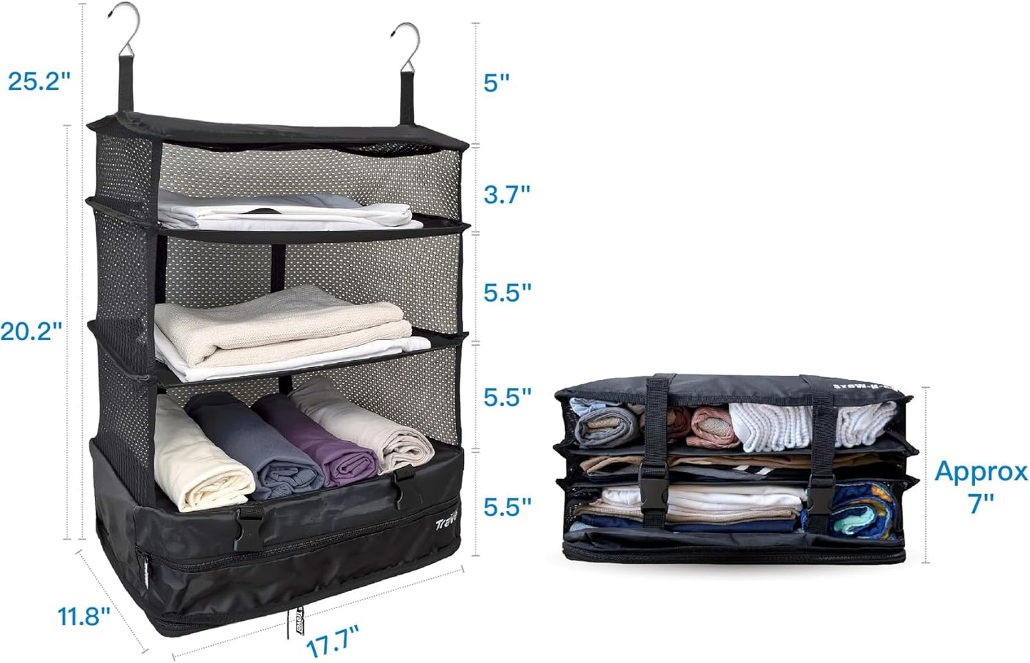 Grand Fusion Stow-N-Go Travel Luggage Organizer – Portable Hanging Travel Shelves, Carry-On Closet Organizer, Hanging Packing Cubes, Collapsible Carry-On Organizer for Cruises & Hotels. Black - XL