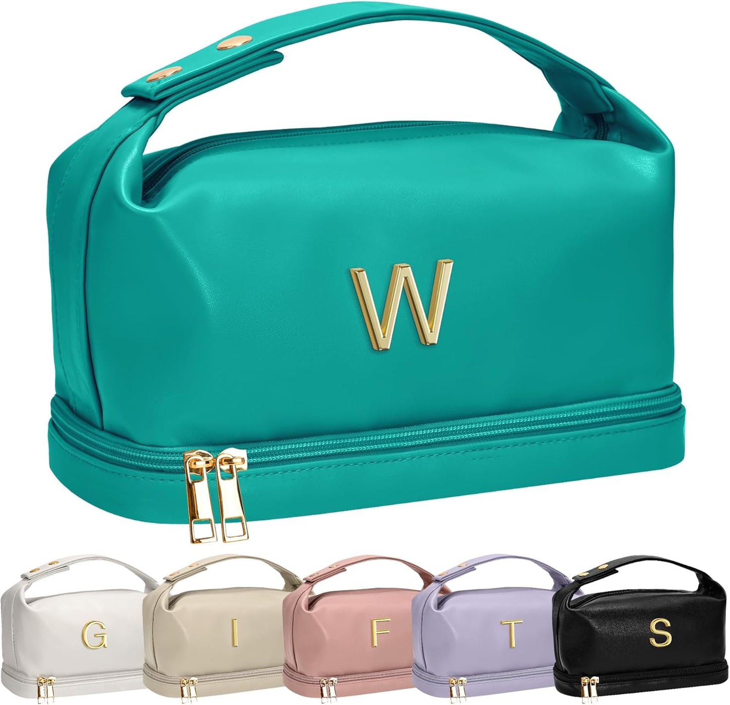 Women Gift Ideas for Her, Personalized Makeup Bag with Handle, Initial Double Layer Cosmetic Bag with Makeup Brush Organizer, Cute Cosmetic Pouch for Women, Gift for Friends Female Mom