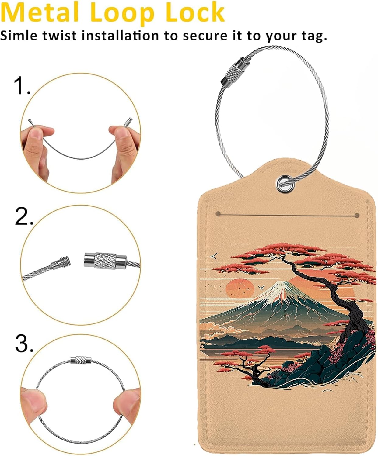 Mount Fuji and Sea 2 Pack Luggage Tag for Suitcase, Leather Bag Tags Identifiers Privacy Cover ID Label with Steel Loop for Women Men Kids Girls Travel