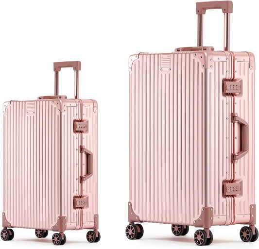 Metal All Aluminum Carry-on Luggage TSA Customs Lock Zipperless Silent Rotary Wheel Business Suitcase Aluminum Frame Set (rose gold, 2Piece(20/26))