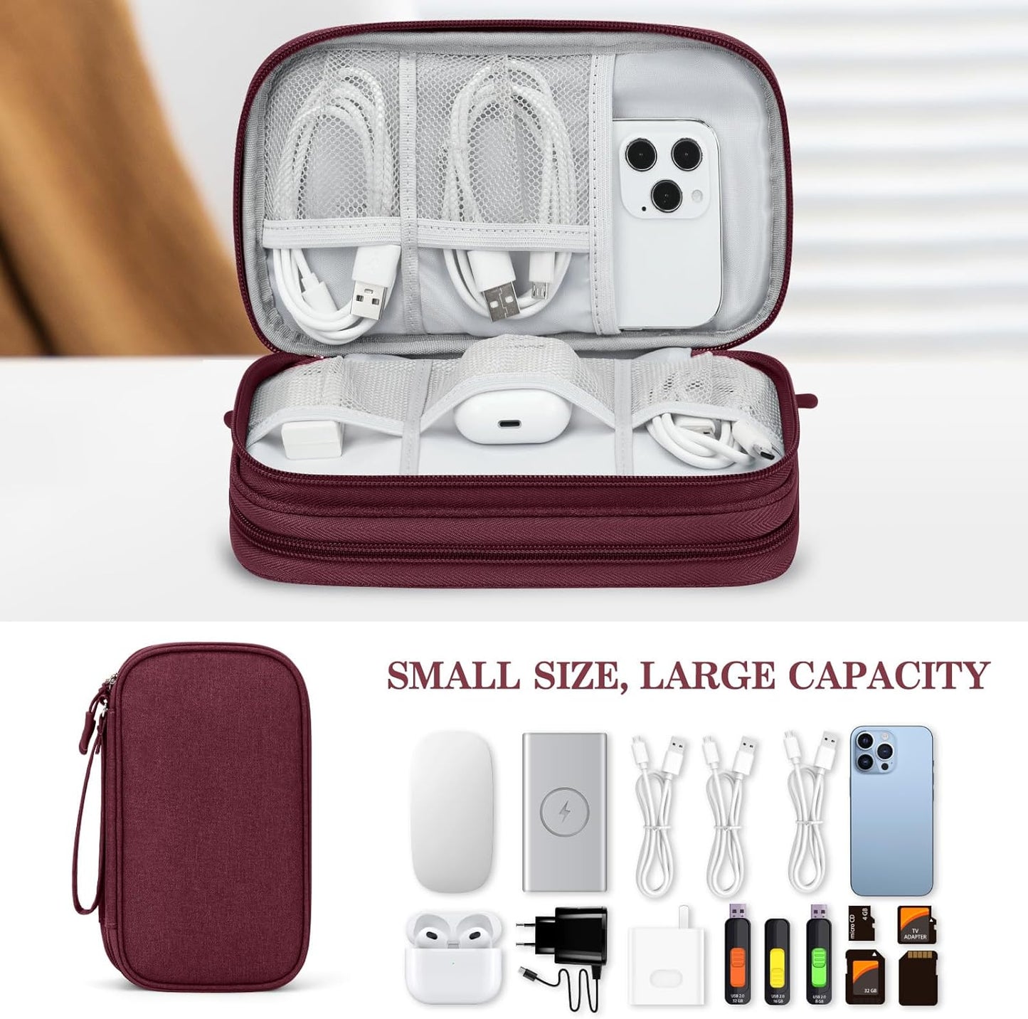 FYY Electronic Organizer, Travel Cable Organizer Bag Pouch Electronic Accessories Carry Case Portable Waterproof Double Layers Storage Bag for Cable, Charger, Phone, Earphone, Medium Size- Wine Red