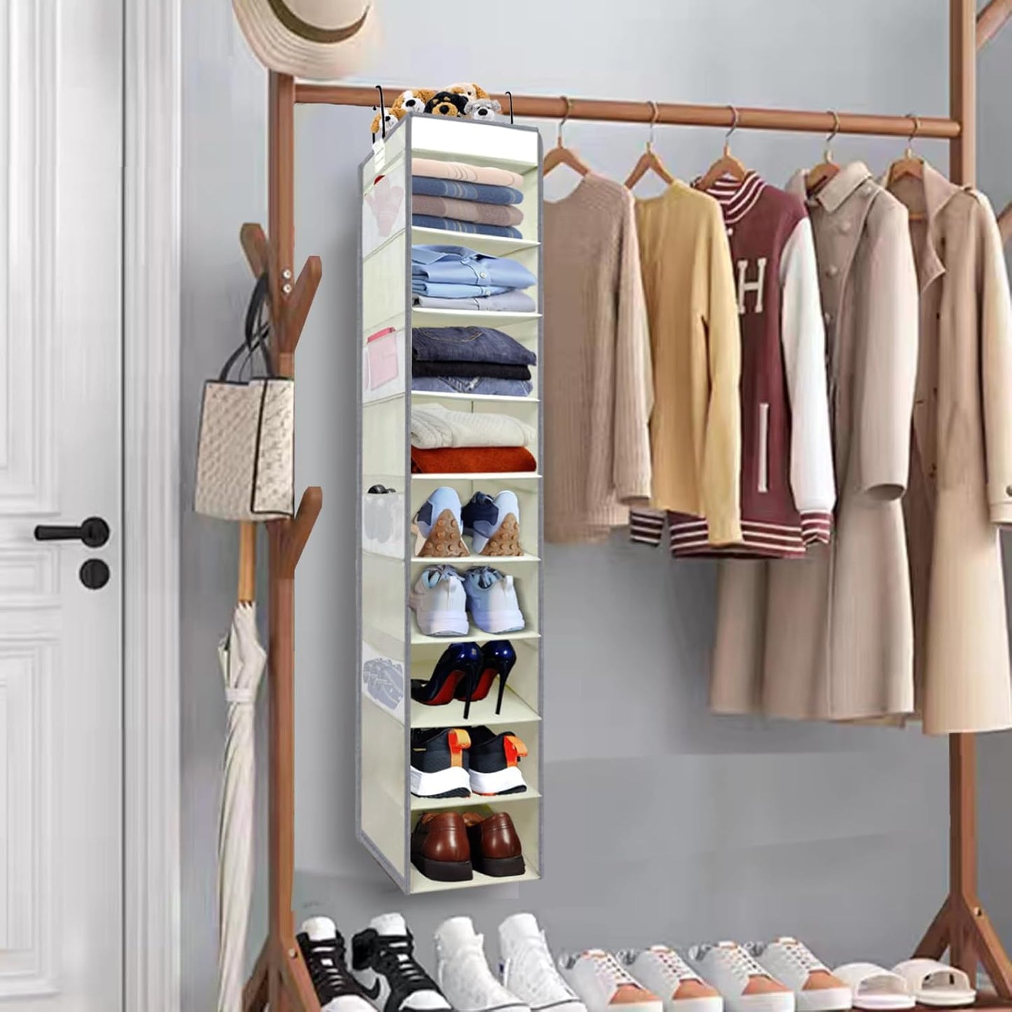 2 Pack Large-Sized Hanging Shoe Organizer 10-Shelf, Sturdy Hanging Closet Organizer with 8 Side Pockets, Wider Hanging Shelves for Storage Shoes Clothes Jeans Shirts Toys, Beige