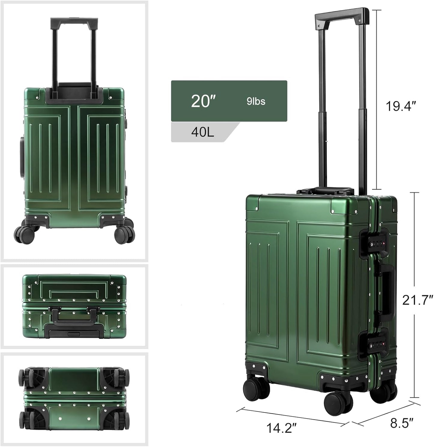 All Aluminum Carry On Luggage，Cut from Whole Aluminum Sheet，22x14x9 Airline Approved ，（3rd Generation，Premium Metal zipperless suitcase ） (green, 20inch)