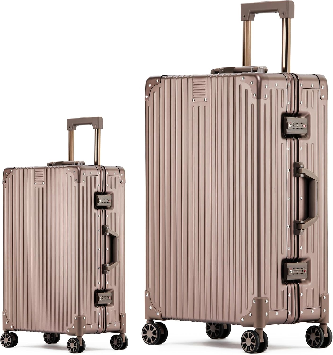 Metal All Aluminum Carry-on Luggage TSA Customs Lock Zipperless Silent Rotary Wheel Business Suitcase Aluminum Frame Set (titanium gold, 2Piece(20/28))