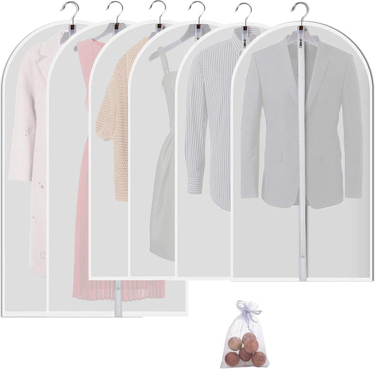 Garment Bags for Hanging Clothes, Clear Plastic Closet Storage Covers with Cedar Balls, 24" x 43"/54”, 6 Pack