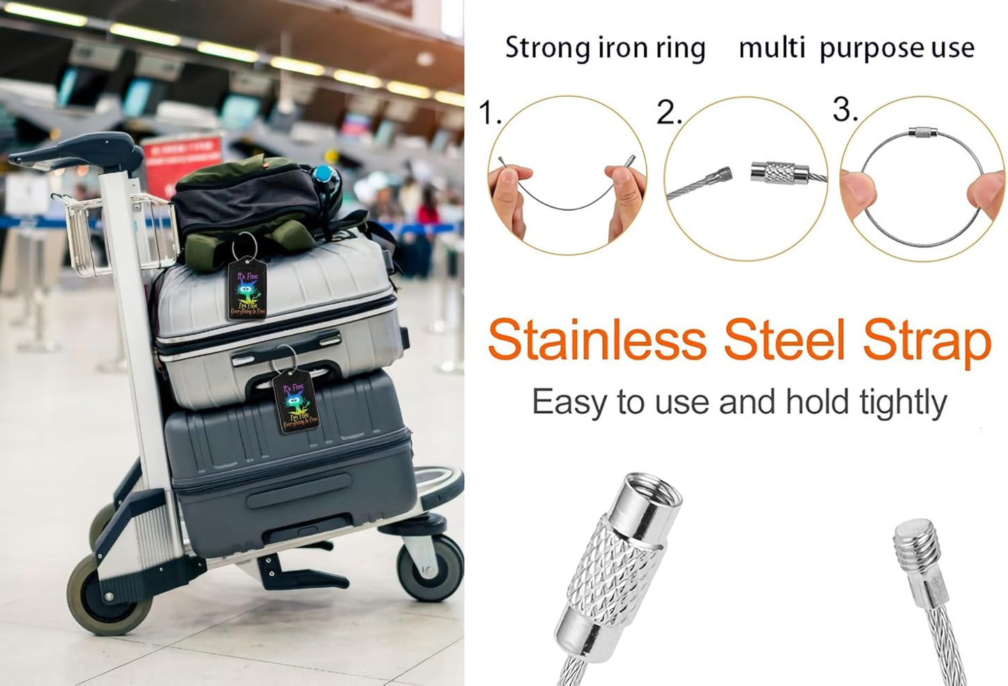 2 Pack Luggage Tags for suitcases Cute Funny I'm Fine It's Fine Color Luggage Tag, Leather Stainless Steel Loop Label Tag for Men Women Travel Bag Suitcase（Black Laser）