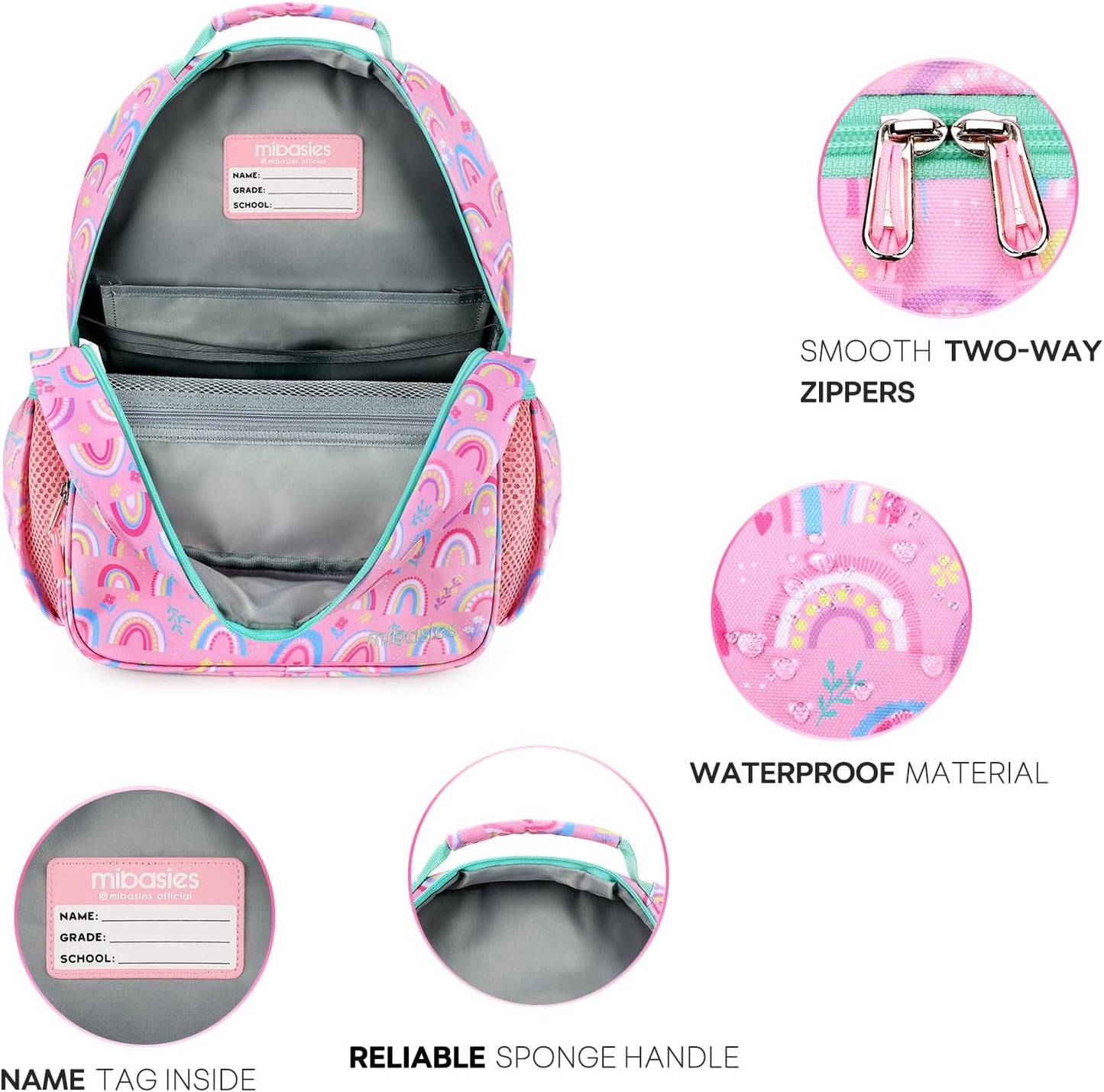 mibasies Girls Backpack: Large Kids Backpack Girls for Elementary School with Laptop Compartment - Rainbow Pink