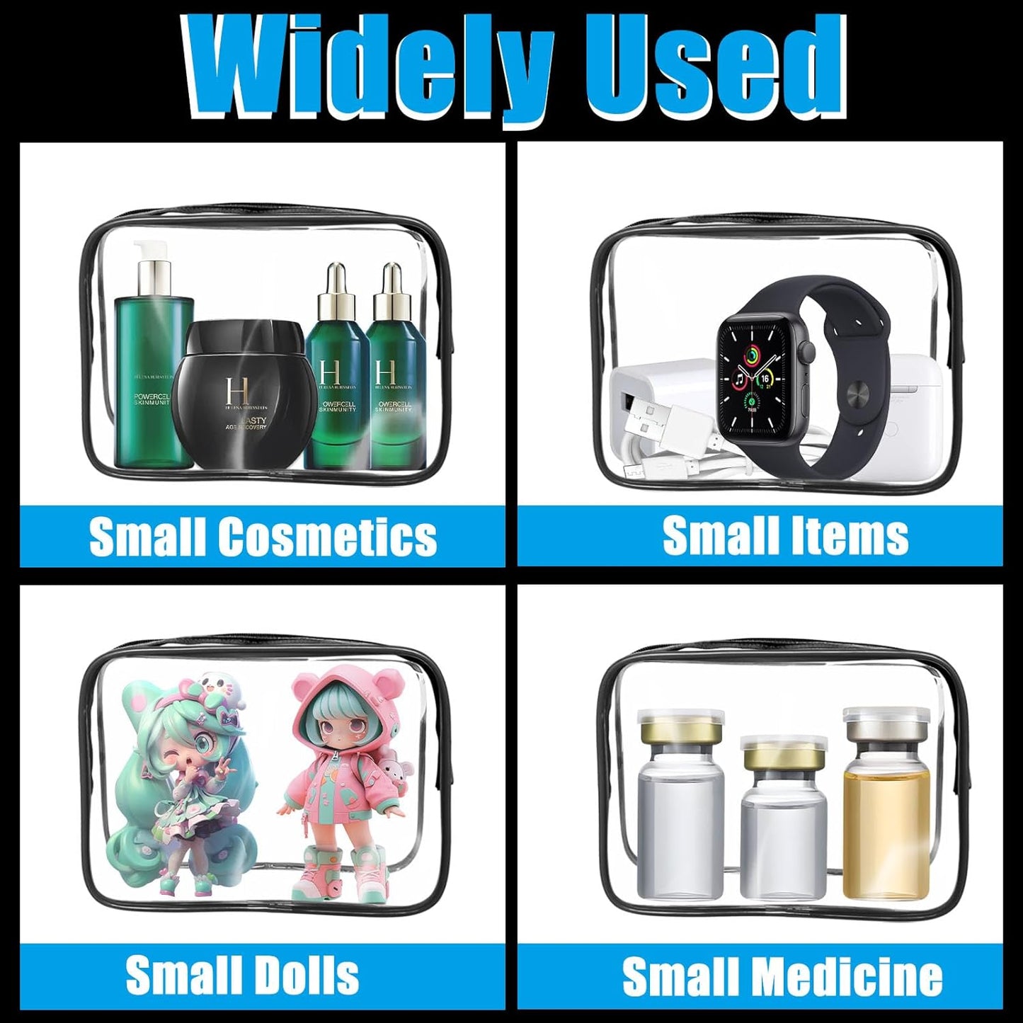 12 Pcs Clear Makeup Bag PVC Waterproof Zippered Clear Cosmetic Toiletry Makeup Carry Pouch for Women Men Vinyl Plastic Organizer Case for Vacation Bathroom (Small, Black)