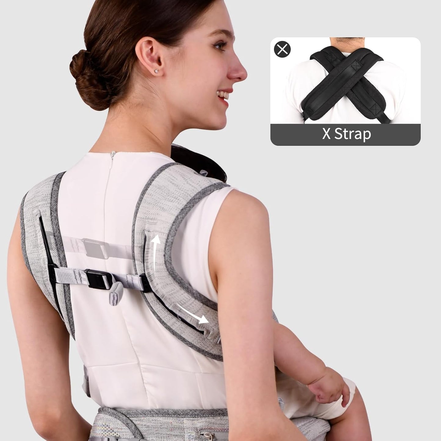 Bebamour Baby Carrier Newborn to Toddler with Hip Seat Baby Carrier Front and Back Carry Carrier with Head Hood, 3 PCS Teething Pads,Storage Bag (Gray-Knit)