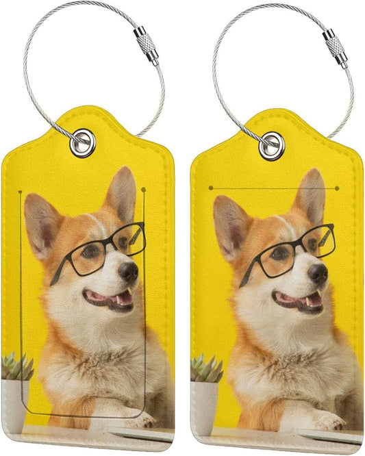 2 Pcs Yellow Luggage Tags for Suitcases Cute Dog with Glasses Pattern Leather Backpack Tag with Stainless Steel Loop Privacy Cover ID Label Travel Bag Tags Luggage Identifiers for Adults Kids Travel