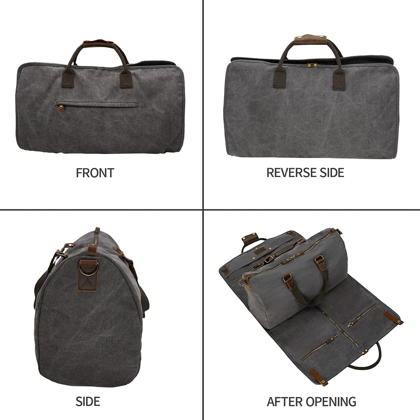 2 in 1 Canvas Leather Suit Luggage Garment Bag with Shoulder Strap for Travel and Business Trips (Grey)