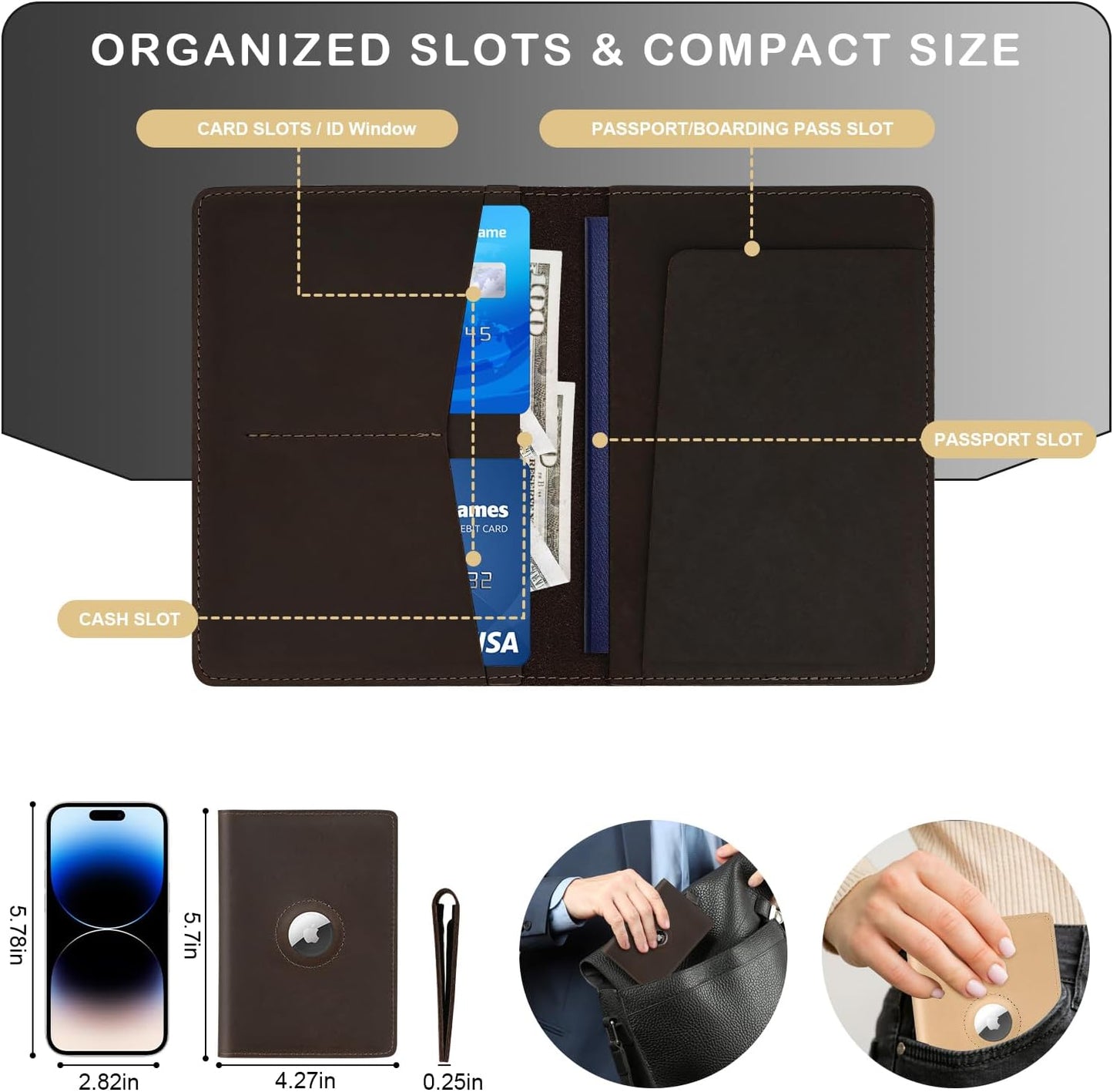 Airtag Passport Holder for Men and Women Travel, Real Leather Passport Wallet, Handmade Passport Cover Case with Airtag Slot, Travel Must Haves Essentials Accessories Birthday Gift(Crazy Horse,Coffee)