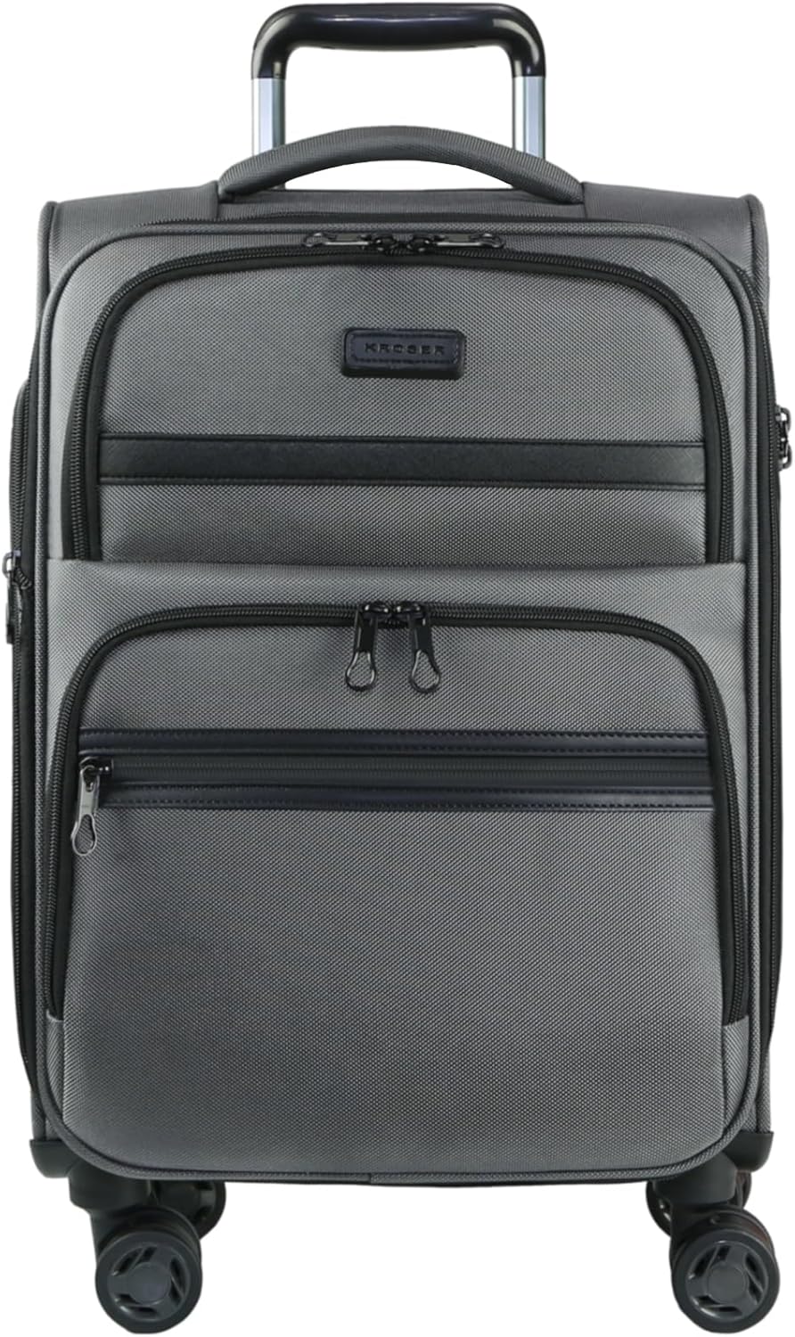 KROSER Softside Expandable Carry On Luggage with Spinner Wheels & Built-in TSA Lock, Durable Suitcase Rolling Luggage with USB Port, Carry-On 20-Inch, Grey