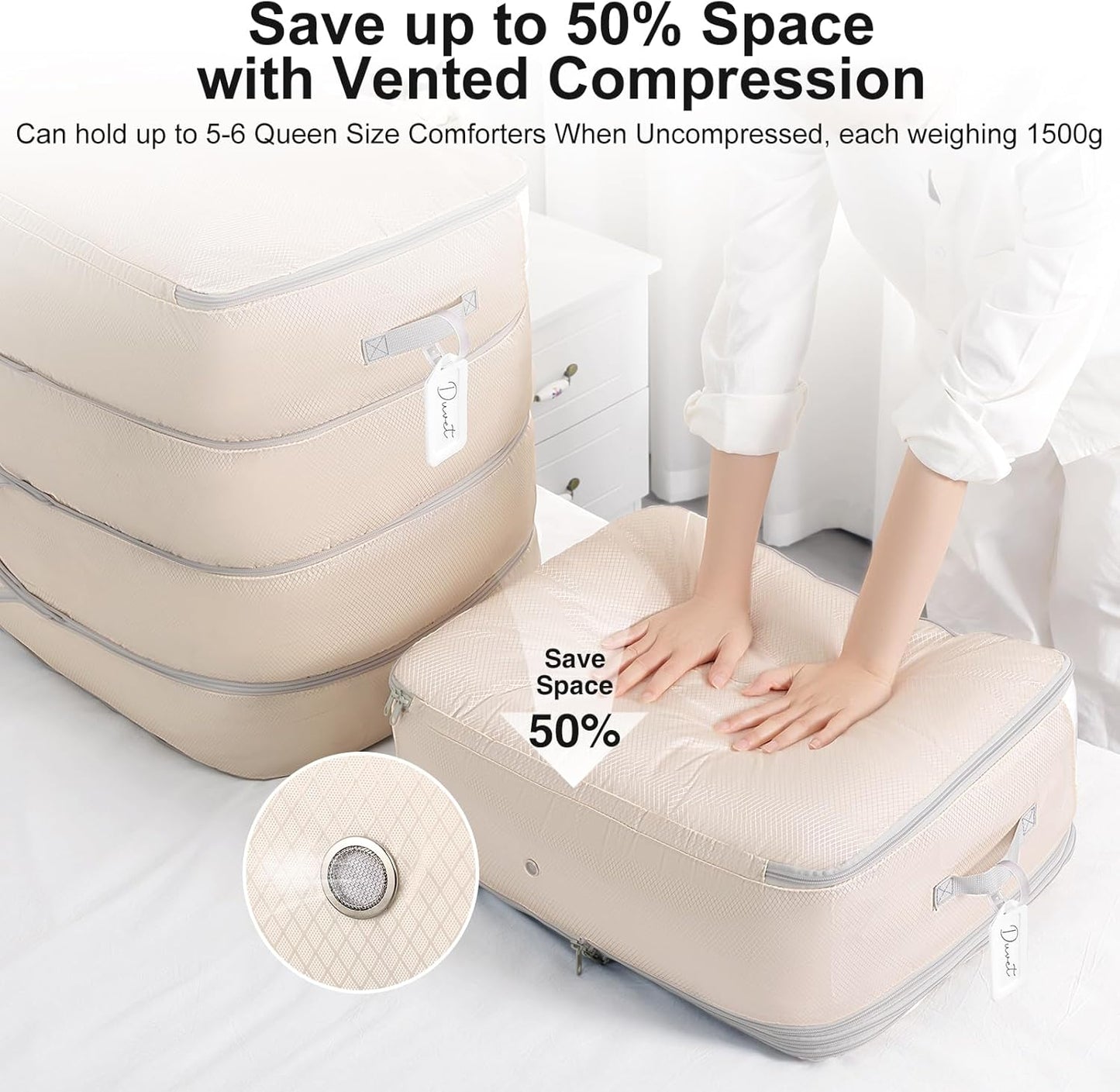 Comforter Storage Bag - 130L Large Capacity Blanket Storage Bags 4-Layer Ultra Space Saving Self Compression Organizer, Washable Compression Bags for Storage Comforter Blanket, 4-Pack, Beige