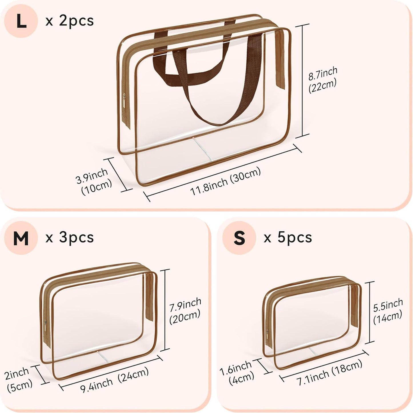 TISRATOK 10 PCS Clear Travel Makeup Toiletry Bag, Plastic PVC Cosmetic TSA Approved Organizer Kit with Zipper Handbag（Coffee）