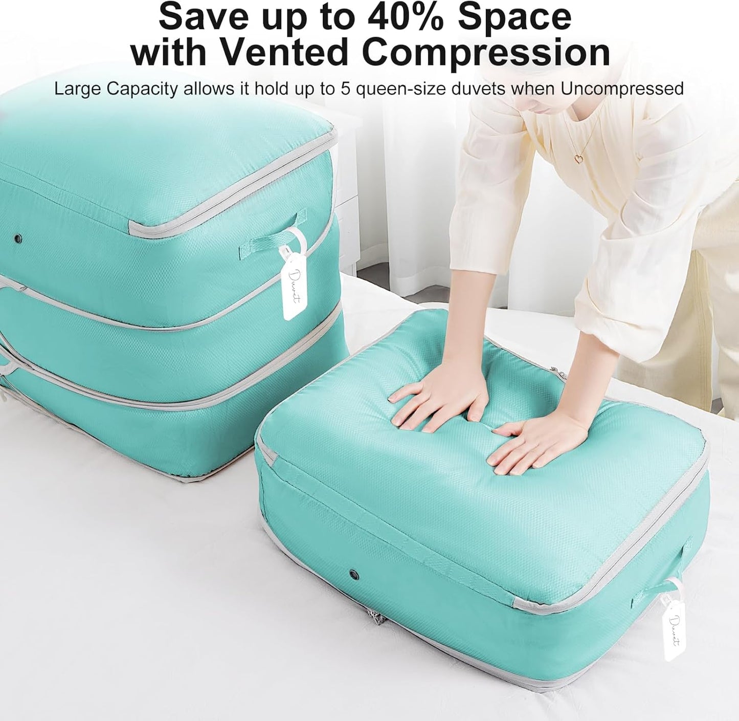 Comforter Storage Bag - Large Capacity Blanket Storage Bags 3-Layer Ultra Space Saving Self Compression Organizer, Washable Compression Bags for Storage Comforter Blanket, 2-Pack, Blue