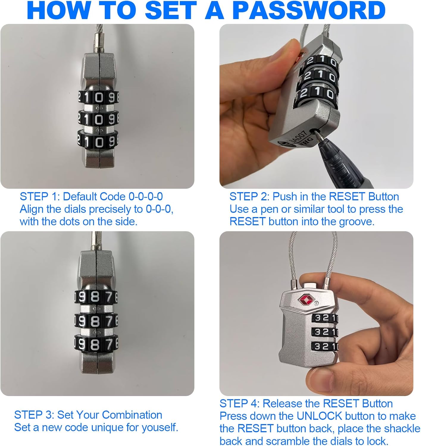 4 Pack TSA Approved Travel Luggage Locks, Cable Combination Lock, 3 Digit Padlock, Alloy Steel Cut-Resistant Cable, Weatherproof Zipper Lock for Gun/Suitcases, Backpacks, Gym Lockers, Golf Bags-NO KEY