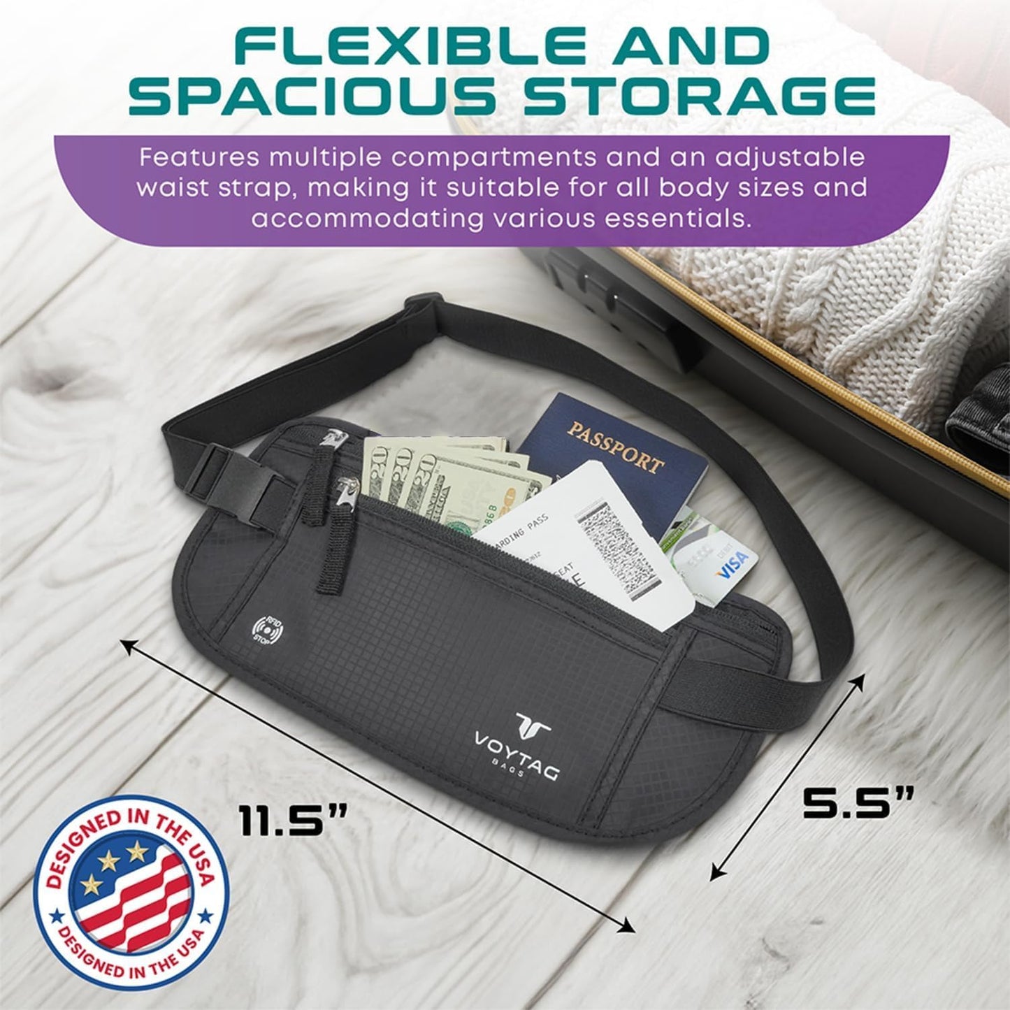 Travel Money Belt & Passport Holder - RFID Blocking Slim Travel Wallet & Fanny Pack for Men and Women - Essential Travel Pouch for Cash, Credit Cards, and Documents (Grey)