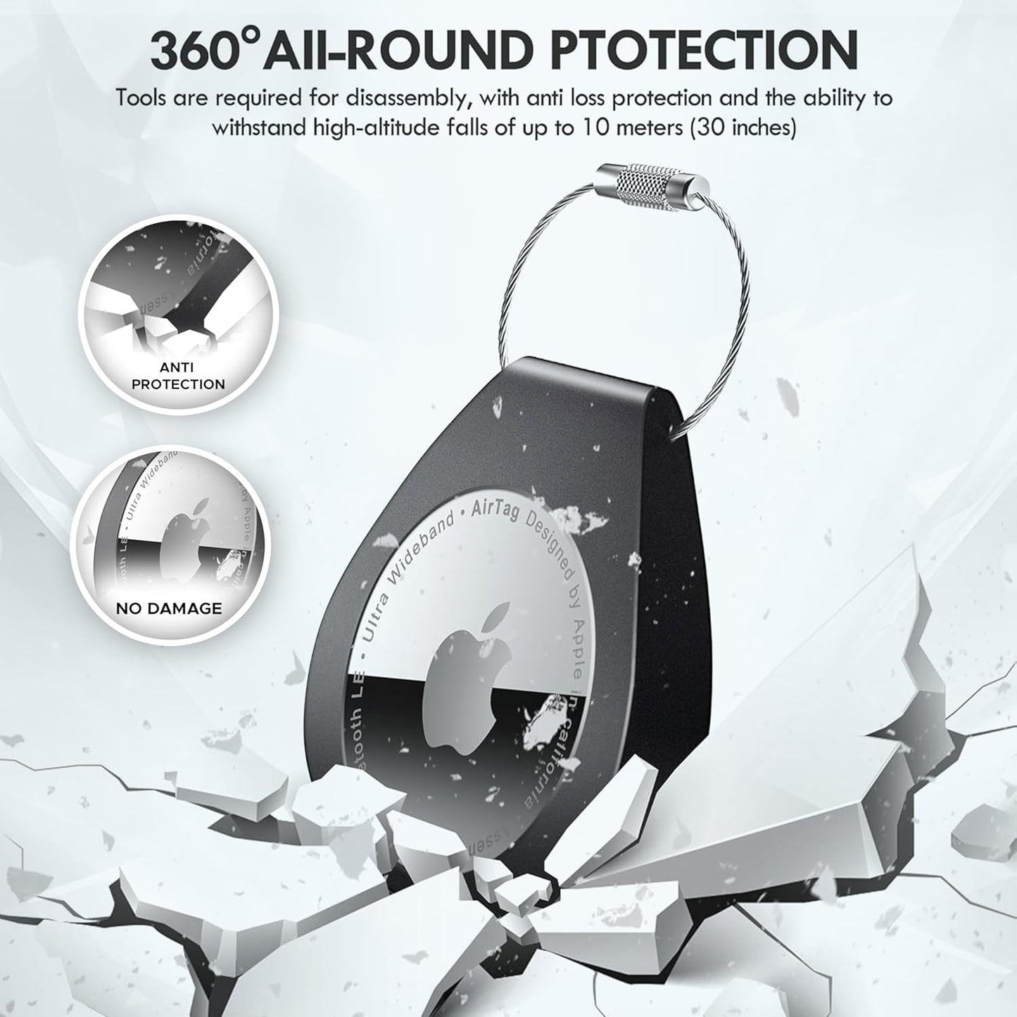 2 Pack AirTag Holders with Keychain - Secure Airtag Lock Case with Wire Cable Compatible with Apple AirTags for Keys, Luggage, Dog Collar, Backpack & More (Black)