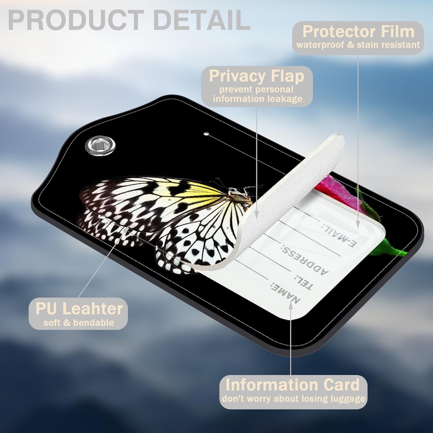 2 Pack Luggage Tags for Suitcases Butterfly on Pink Rose Leather Luggage Tags Privacy Cover ID Label with Stainless Steel Loop and Address Card for Women Men Travel Bag Backpack