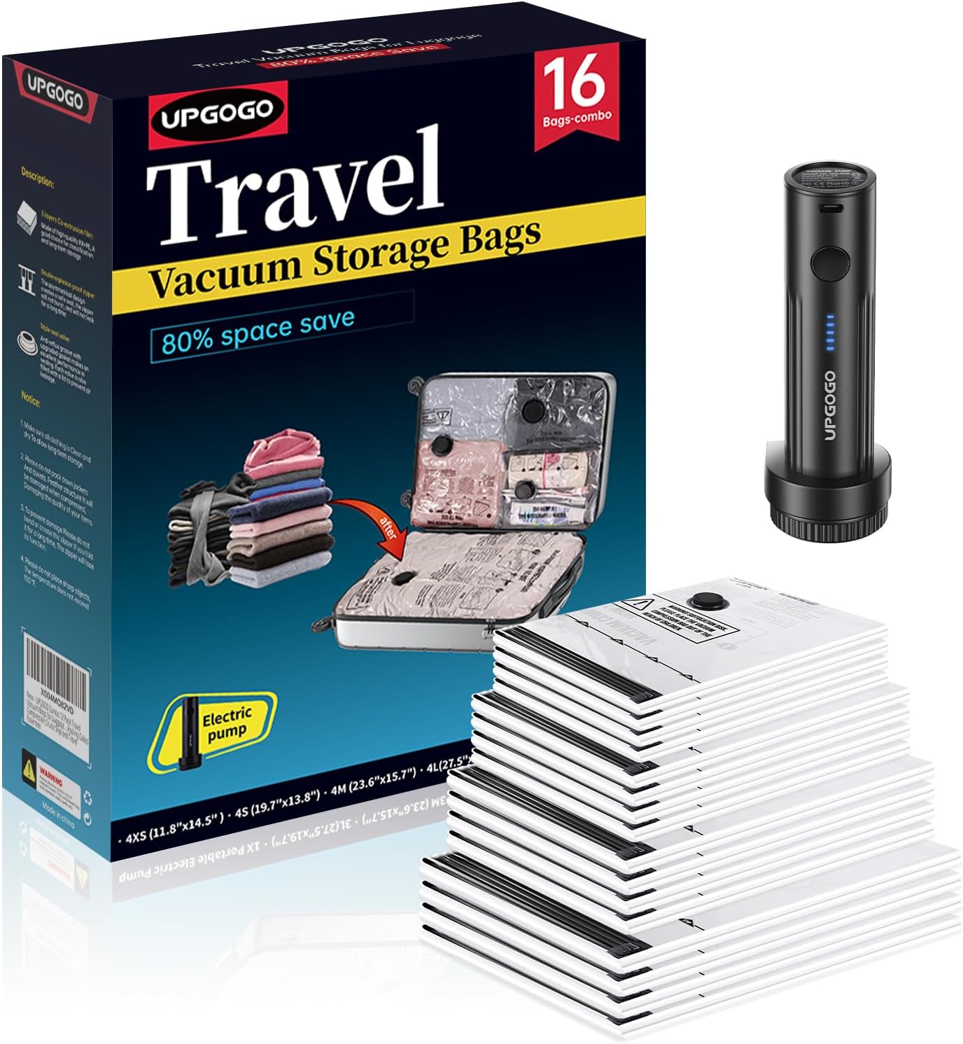 Combo 16 Pack Travel Vacuum Bags for Luggage with Portable Electric Pump,Vacuum Seal Bags for Clothing,Packing Cubes Compression,Cruise Ship and Travel Essentials