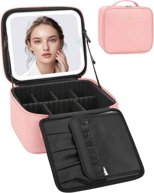 Relavel Makeup Bag with Light Up Mirror, Makeup Case Travel Cosmetic Bags Brush Organizer Storage Box, Rechargeable Vanity Mirror with 3 Color Lights, High Frame Mirror Protection (Pink)