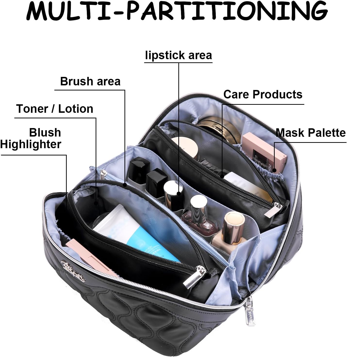 Travel Makeup Bags for Women Cosmetic Bag: Puffy Make up Bags Set of 3 - Vegan Leather Makeup Organizer - Waterproof Large Toiletry Bag with Compartments - Travel Essentials (Black)