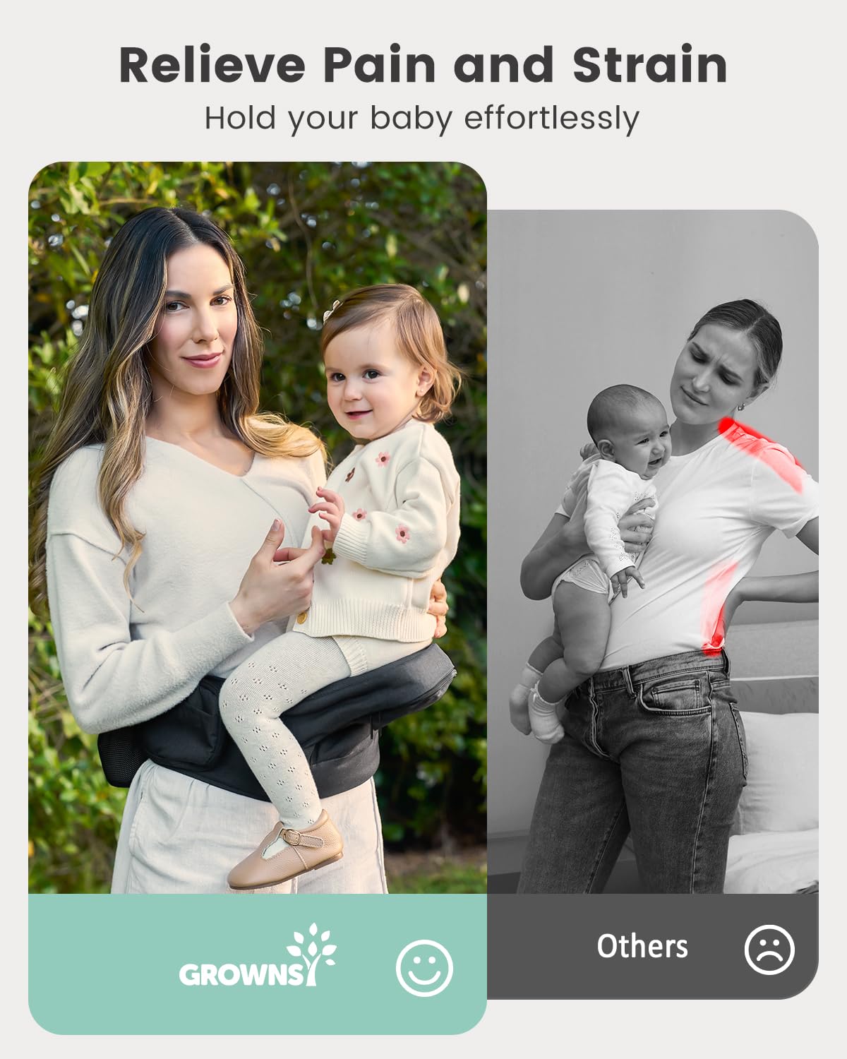 GROWNSY Ultra-Comfy Baby Carrier with Hip Seat, Enhanced Safety, Hands-Free Support for Newborn to Toddler (0-50 lbs), Multiple Pockets, Ergonomic, Adjustable Waistband, Minimalist Design – Black