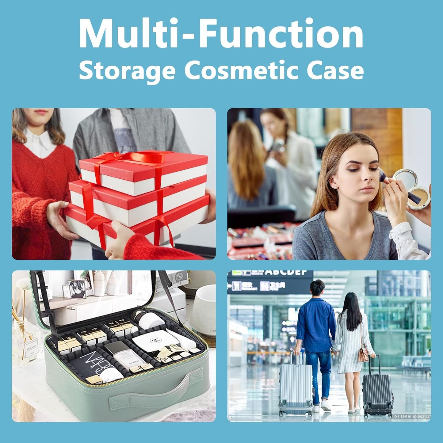 Travel Makeup Bag for Women and Makeup Artists Cosmetic Organizer Large Makeup Case,Travel Makeup Bag with Mirror 3 Color Setting,Portable Storage and Adjustable Dividers(blue)