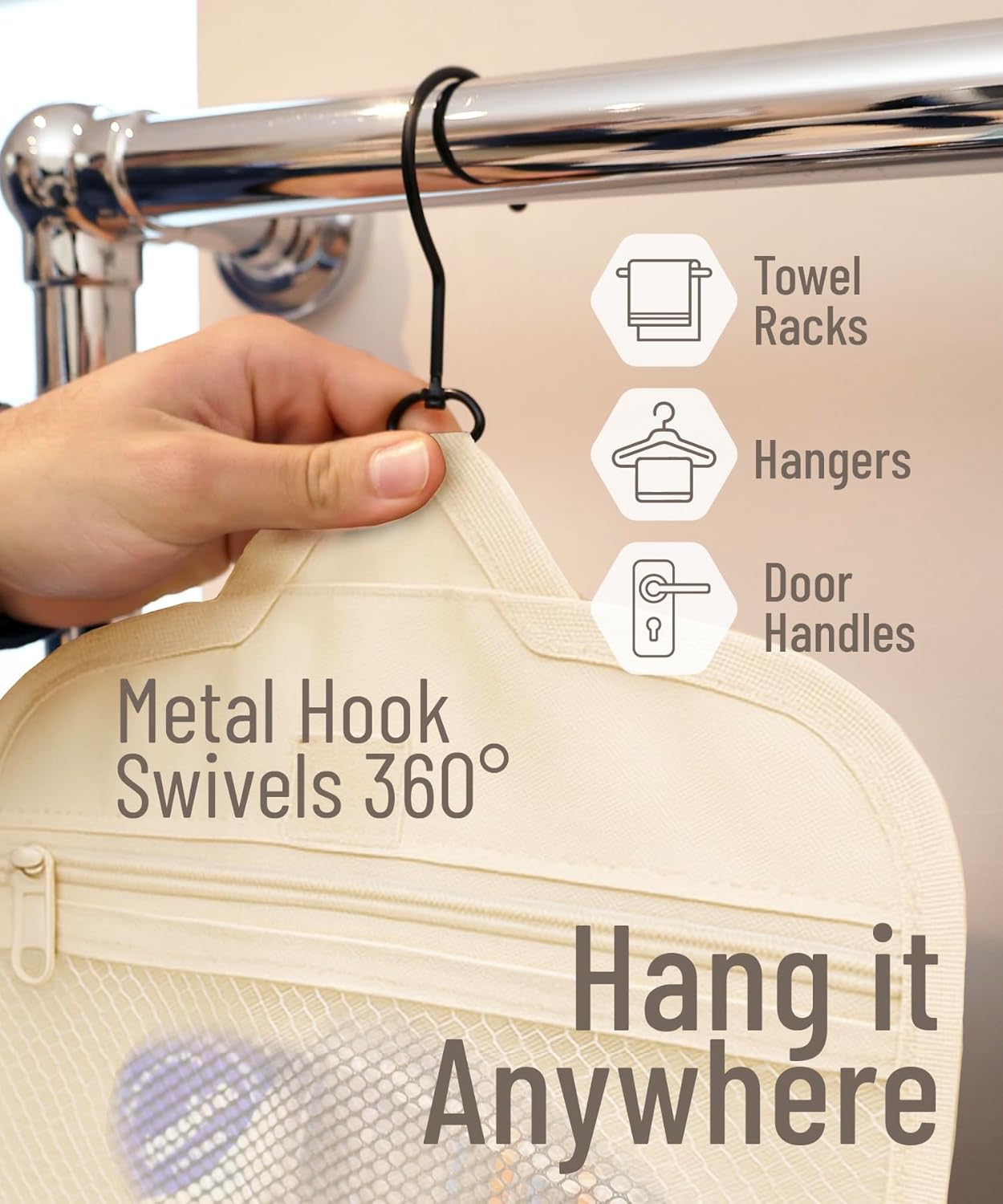 D&D Hanging Travel Toiletry Bag for Men and Women – Cosmetics, Makeup and Toiletries Organizer Kit with 10 Compartments, XXL Metal Swivel Hook, Water-Resistant Nylon