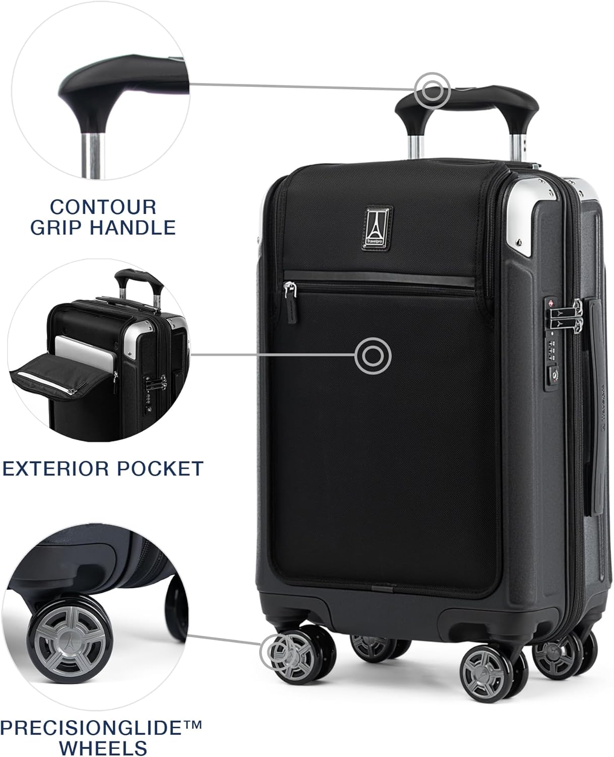 Travelpro Platinum Elite Hardside Expandable Carry on Luggage, 8 Wheel Spinner, TSA Lock, Hard Shell Polycarbonate Suitcase, Shadow Black, Compact Carry on Laptop Pocket 20-Inch