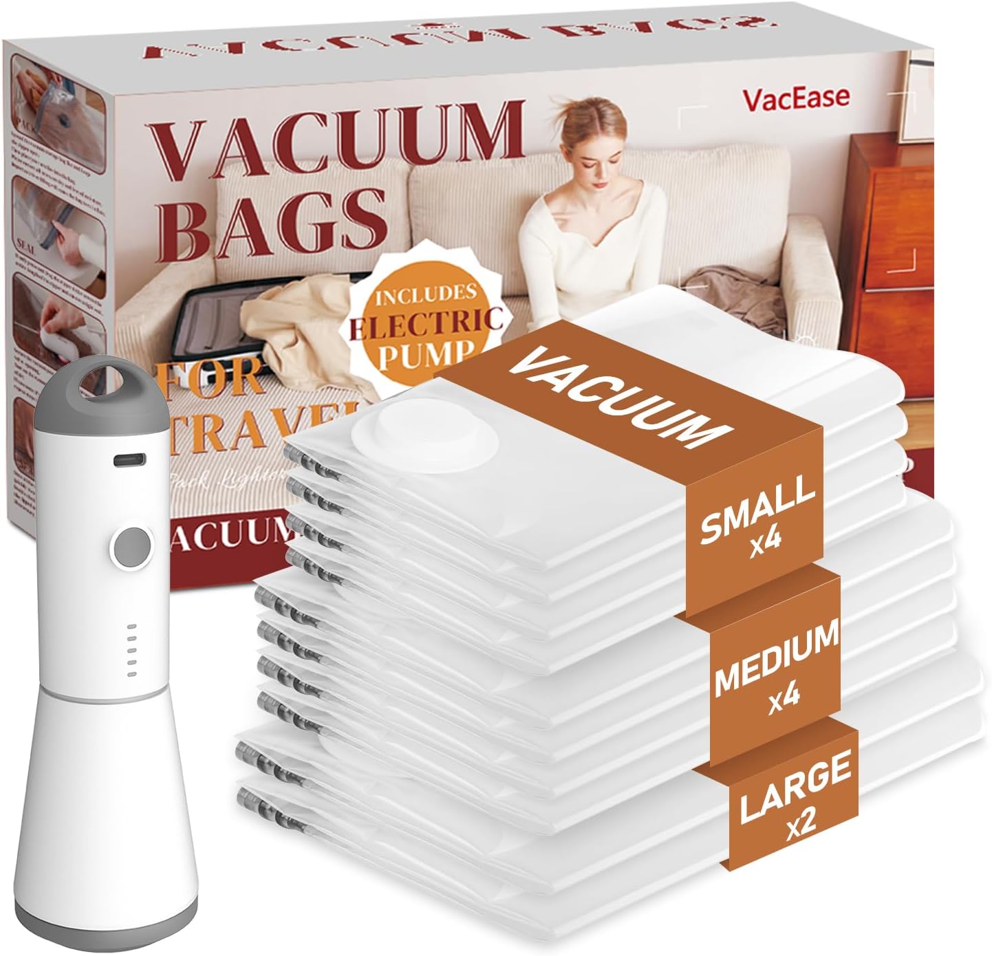 Vacuum Storage Bags for Clothing Travel, 10 Pack Vacuum Bags with Wireless Charging Air Pump(2 Large+4 Medium+4 Small), Compression Packing for Clothes Blanket Suitcase Luggage