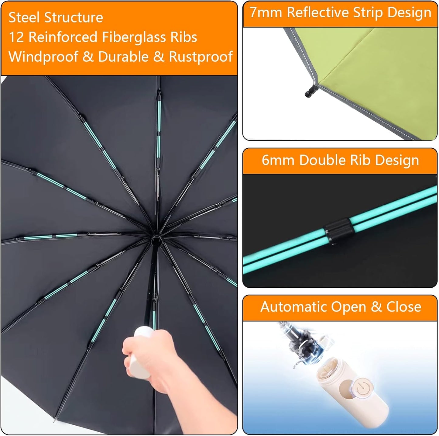 Large Double-Ribs Umbrella Automatic Folding Umbrella for Women Men, Travel, UPF 50+ UV Protection