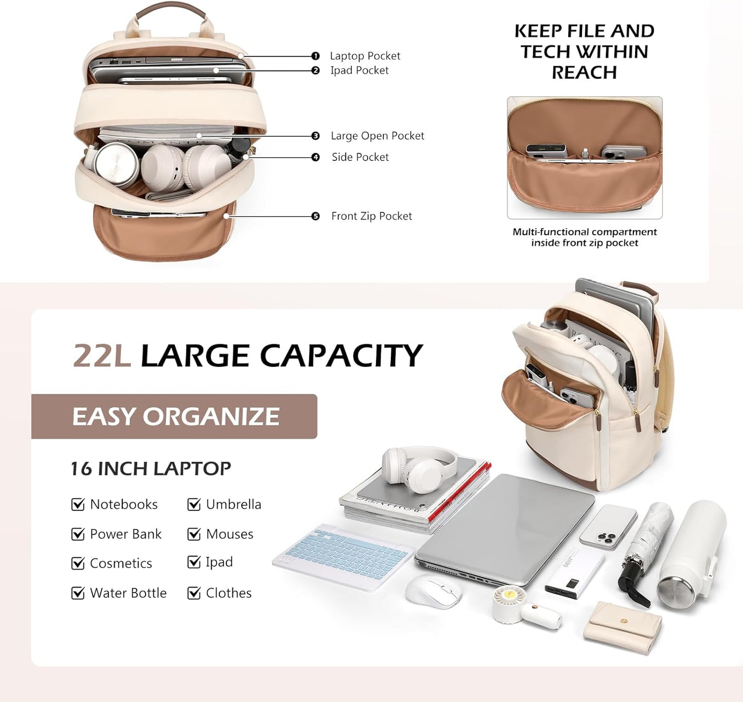 Laptop Backpack for Women Travel Carry On Bag Weekender Business Multilayer Personal Item Backpack,16 Inch,WApricot