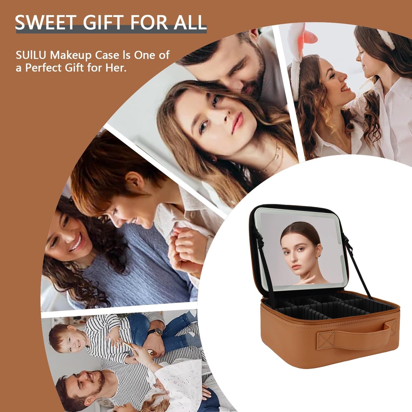 Makeup Bag with Led Mirror,Travel Makeup Organizer with 3 Color Setting, Portable Storage and Adjustable Dividers Travel Makeup Bag(CARAMEL COLOR)