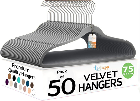 Premium Velvet Hangers 50 Pack Ultra Thin Non Slip Adult Felt Space Saving Slim Suit Hanger for Closet Heavy Duty Coat Pants Jackets Dress Hangers 360° Swivel Hook Hold Upto 10 lbs Gray