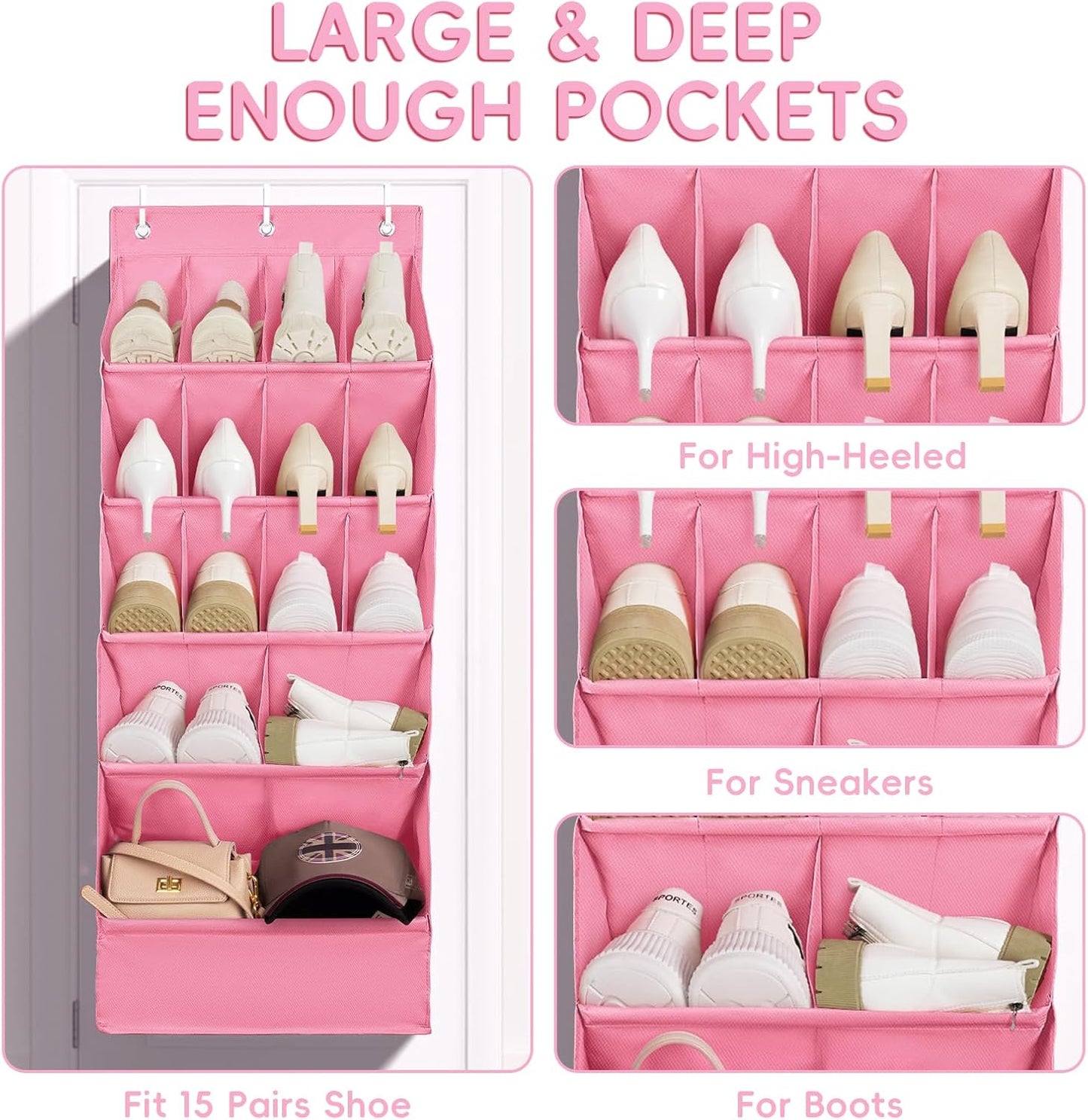 FENTEC 1 Pack Over-the-Door-Shoe-Organizers, Hanging Shoe Organizers with Large Pocket Shoe Holder Hanging Shoe Rack for Closet Shoe Organizer for Wall, Over Door Organizer with 15 Pockets Pink