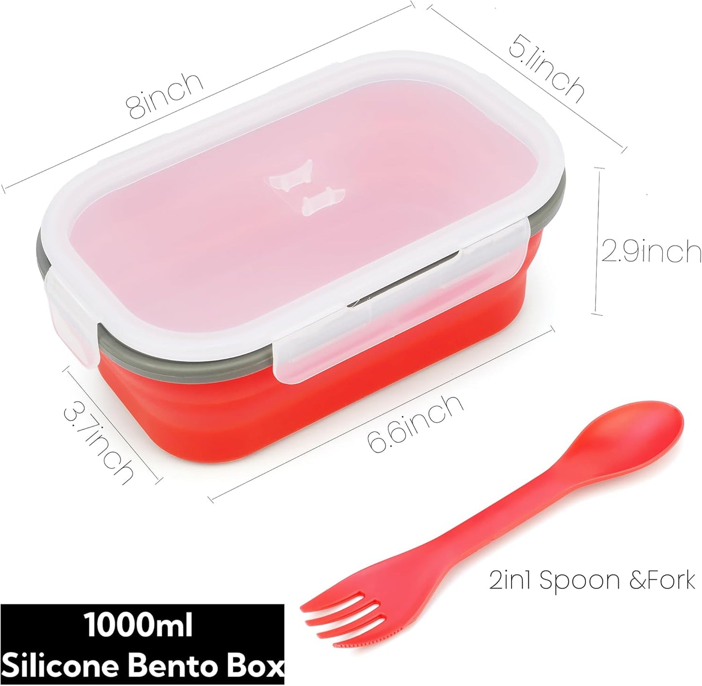 1000ml Collapsible Bento Lunch Box - Silicone Food Storage Container, Foldable Food Container with 2-in-1 Spoon Spork and Airtight Lid, Microwave Safe, Red