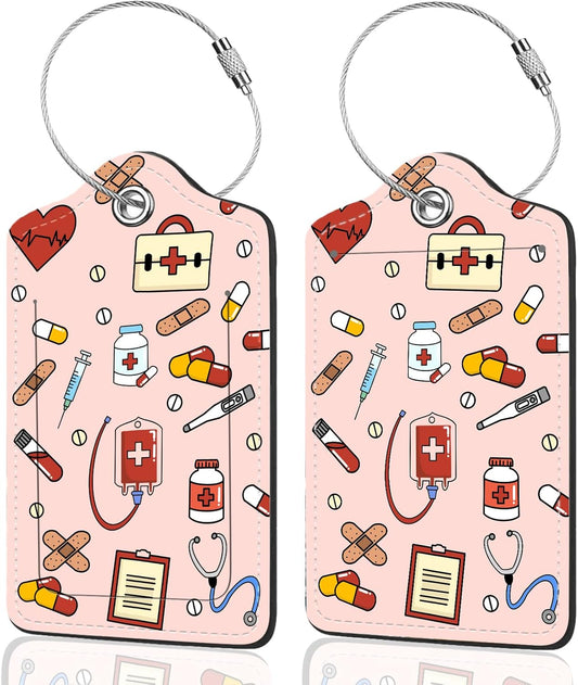 2Pack Luggage Tags for Suitcases, Cute Unique Pu Leather Cruise Luggage Tag with Privacy Cover ID Label Address Card and Metal Ring Suitable for Women Men Kids Travel Bag,Medical Instrument Pattern