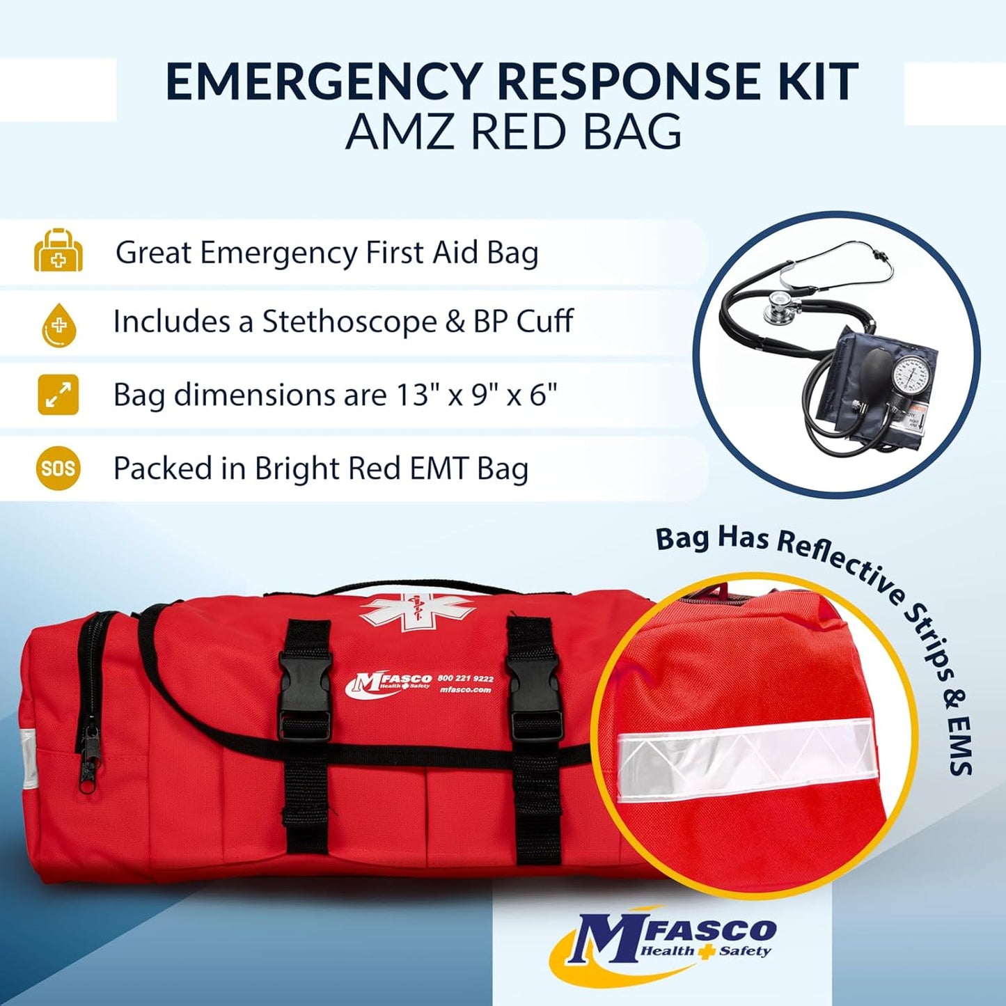 MFASCO First Aid Kit - Fully Stocked Portable Reflective Bag -First Responder Emergency Response Kit -for Natural Disaster Preparedness - Customizable Storage -Includes 415 Pcs First Aid Supplies- Red