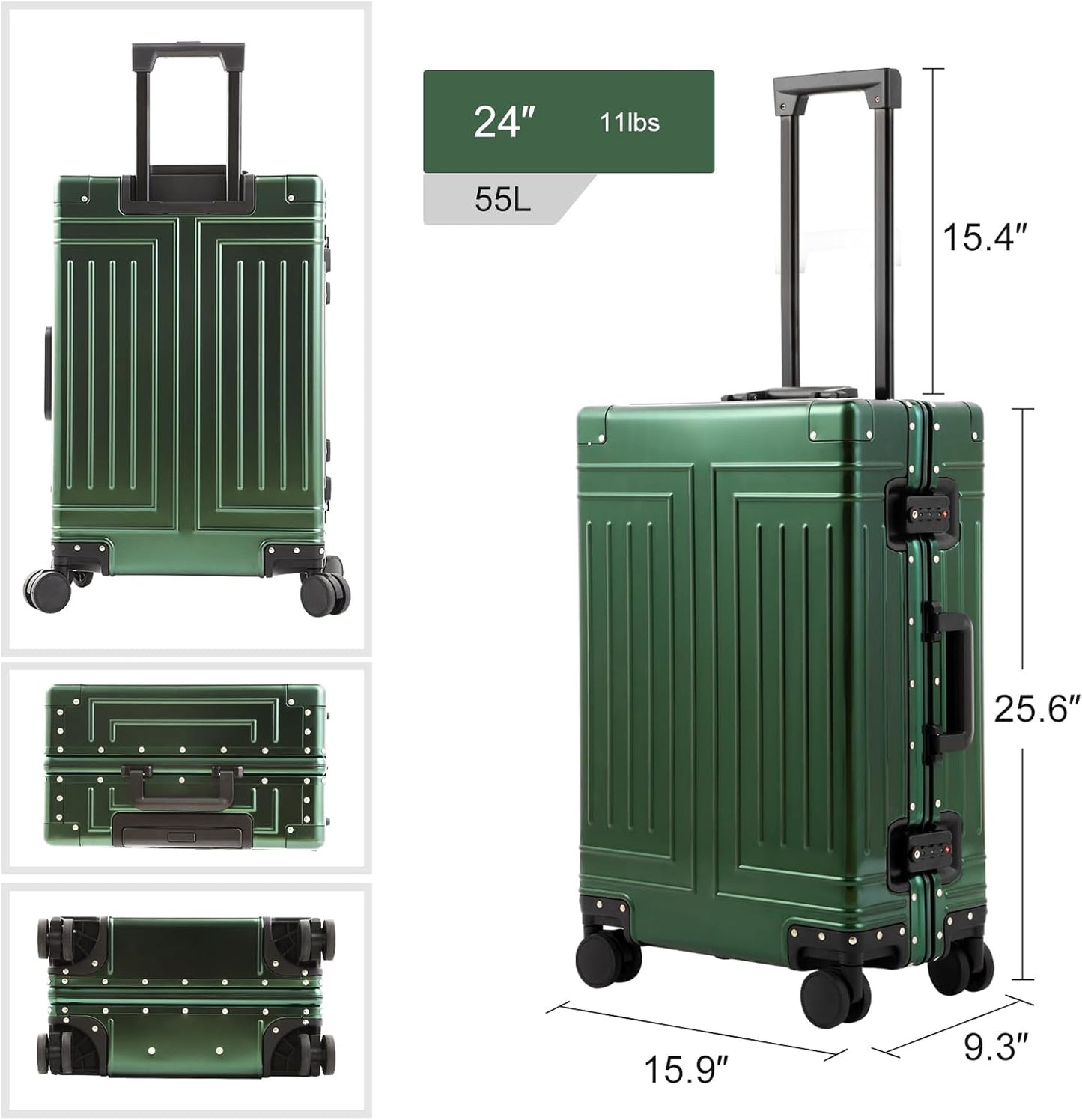 All Aluminum Carry On Luggage，Cut from Whole Aluminum Sheet，22x14x9 Airline Approved ，（3rd Generation，Premium Metal zipperless suitcase ） (green, 24inch)