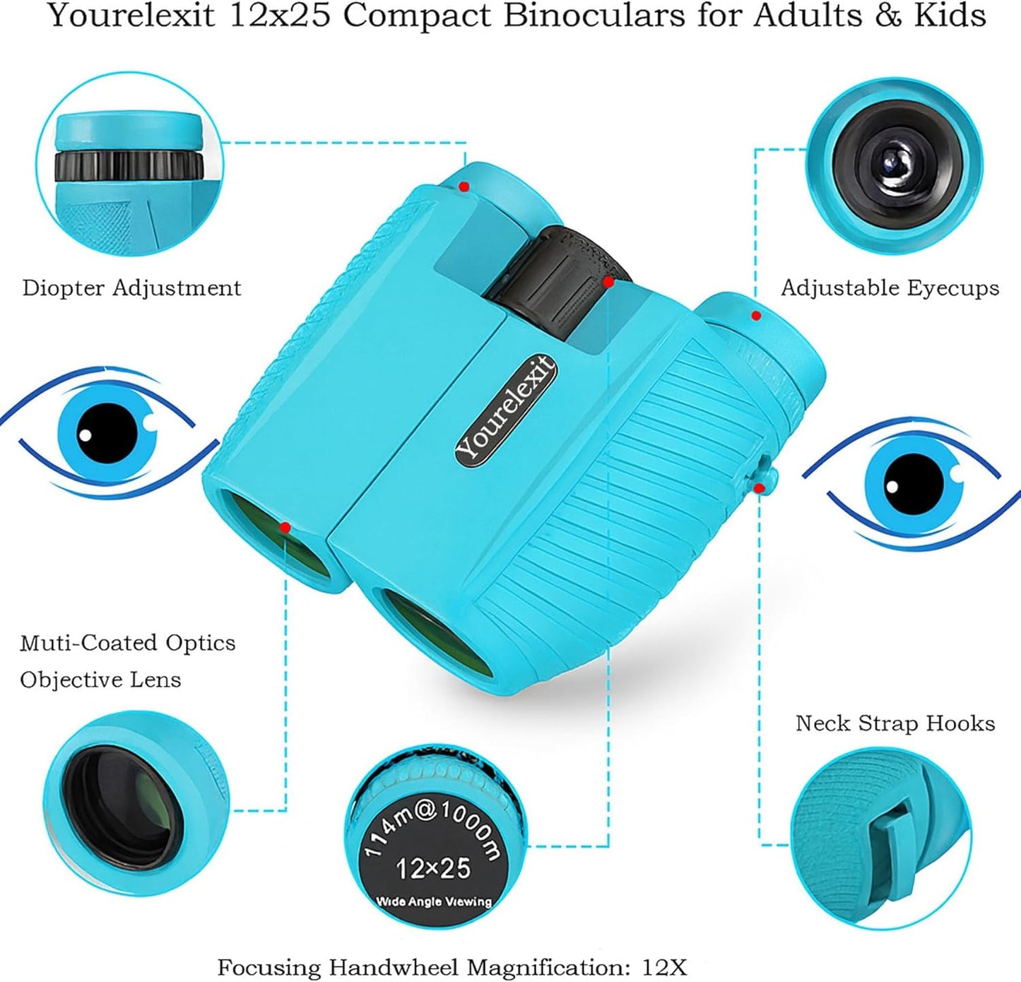 12x25 Compact Binoculars for Adults & Kids, High Powered Lightweight Waterproof Binoculars with Large Eyepiece, Low Light Vision for Bird Watching, Hunting, Travel, and Sightseeing