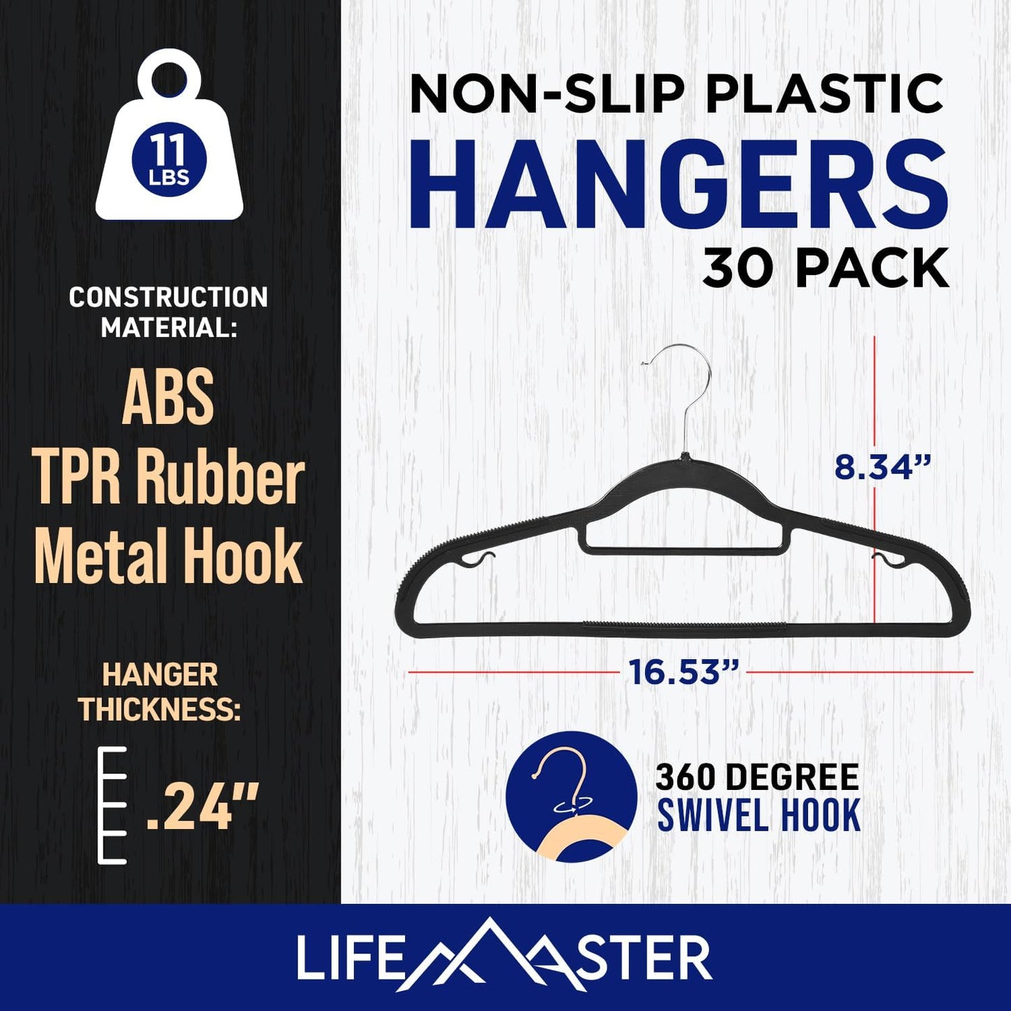 LifeMaster 30 Pcs. Dry Wet Clothes Hangers - Heavy Duty Coat Hanger Set with 360° Swivel Hook (Black) Non-Slip Rubber, Space-Saving, Frustration-Free Hanging, Accessory Tie Bar, Smart Strap Hooks