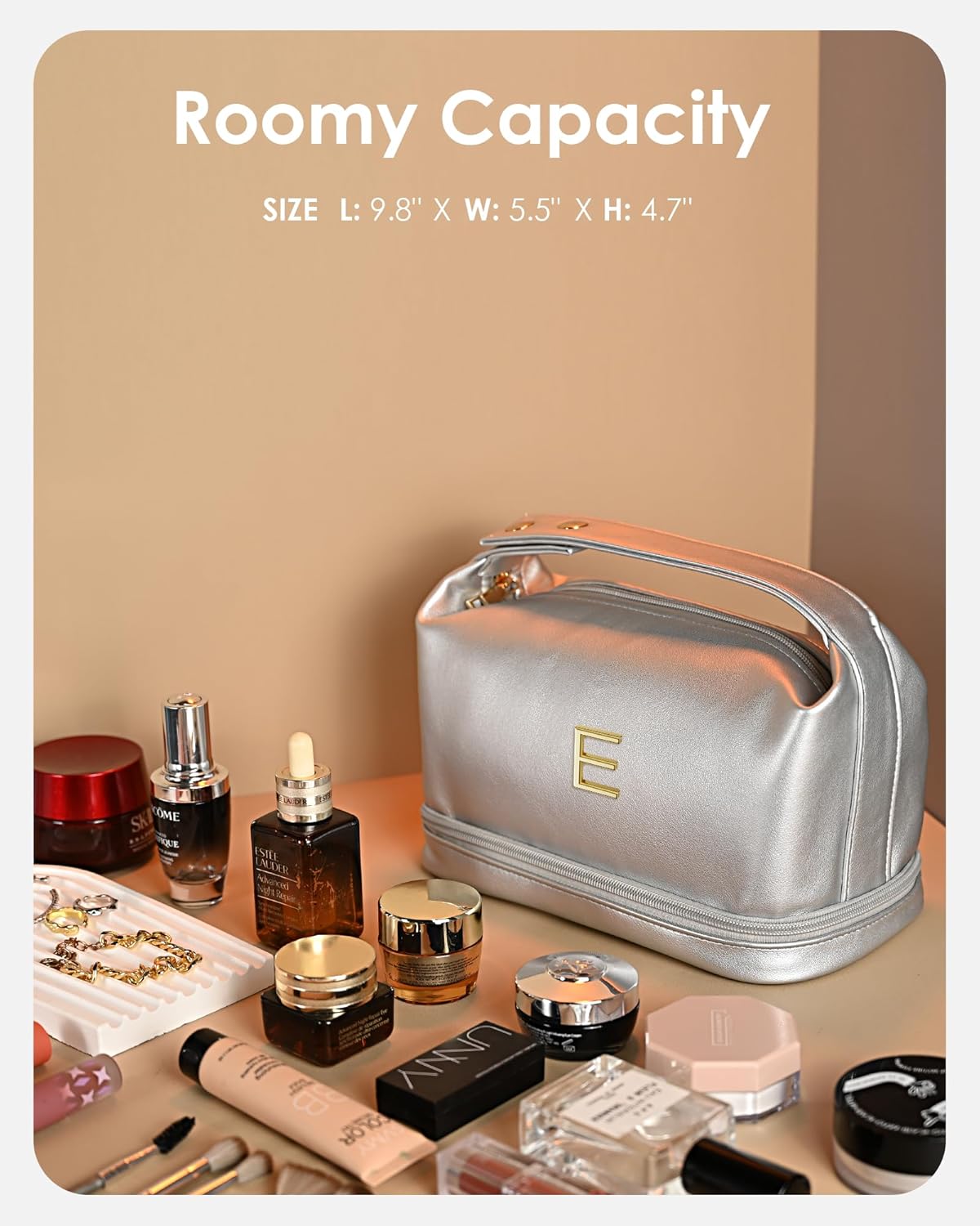 College Gifts for Women, Personalized Makeup Bag with Handle, Initial Double Layer Cosmetic Bag with Makeup Brush Organizer, Cute Cosmetic Pouch for Women, Gifts for Friends Female Mom