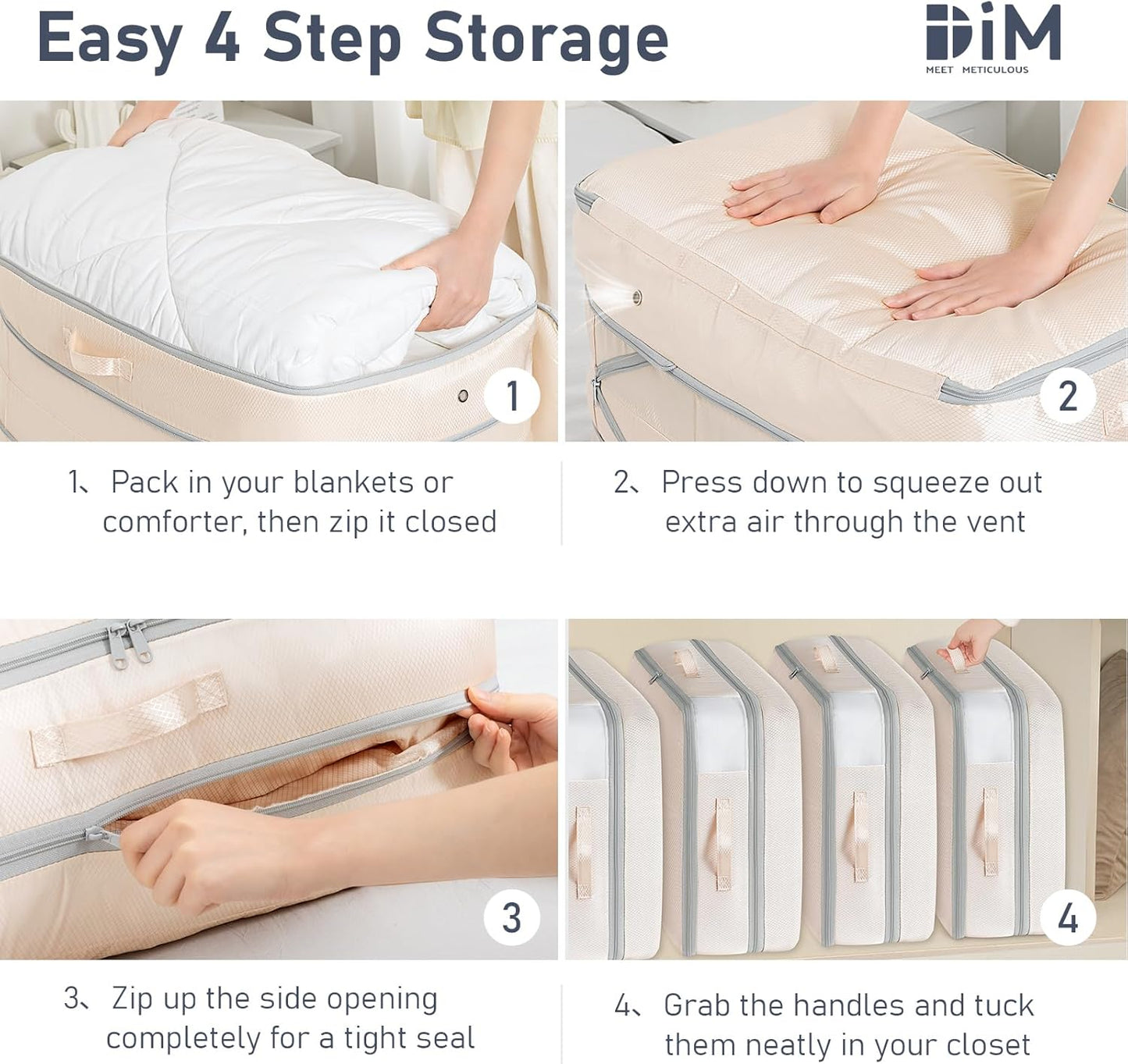 DIMJ Comforter Storage Bag - 100L Large Capacity Blanket Storage Compression Bags, Washable Space Saving Self Compression Organizer with Window Handles, Space Saver for Clothes, Bedding, Sheet