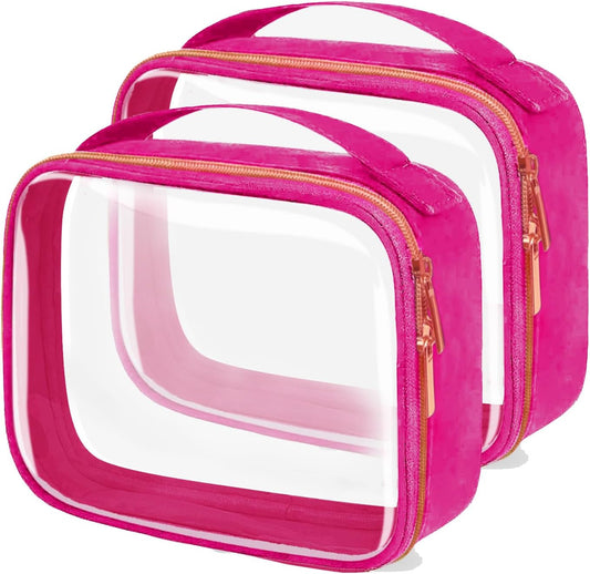 Travel Toiletry Bag,2 Pack Clear Makeup Bags with Handles,180°Opening Clear Cosmetic Bags for Traveling Women,Men,Travel Essentials,Rose Red
