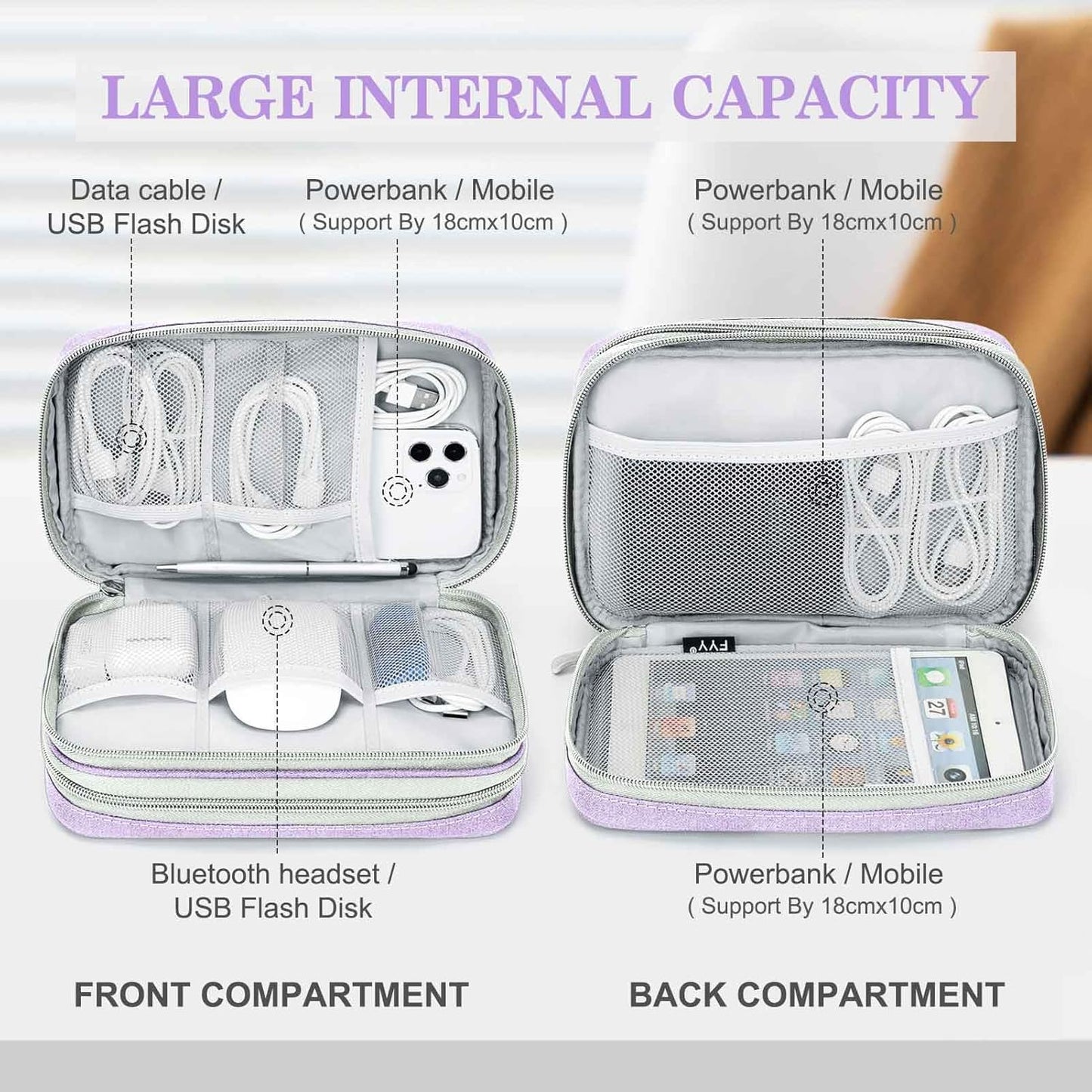 FYY Electronic Organizer, Large Travel Cable Organizer Bag Pouch Electronic Accessories Carry Case Portable Waterproof Double Layers All-in-One Storage Bag for Cable, Cord, Charger, Light Purple